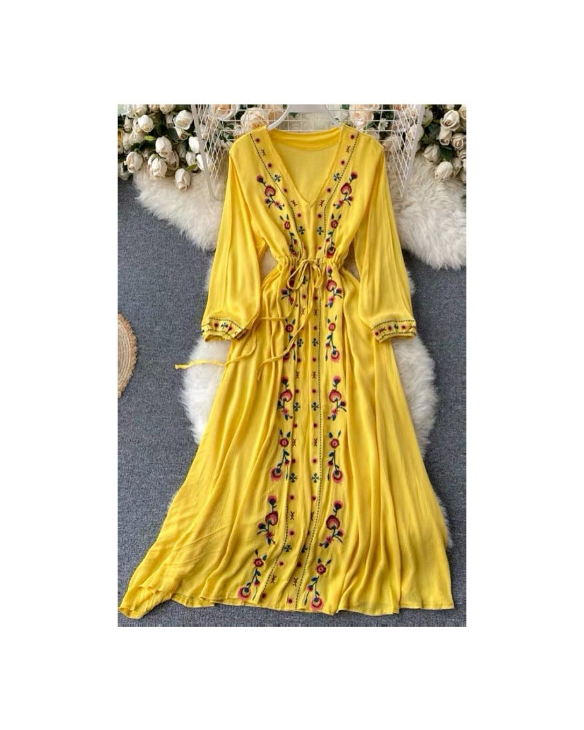 Embroidered Nappa Dress (Yellow)